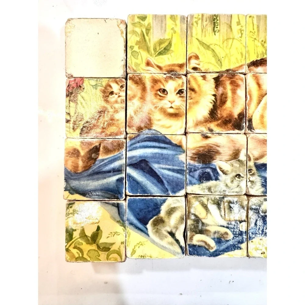 Vintage Farmhouse Wooden Picture Blocks Puzzle Chicken Horse Kitten‎ Cottagecore